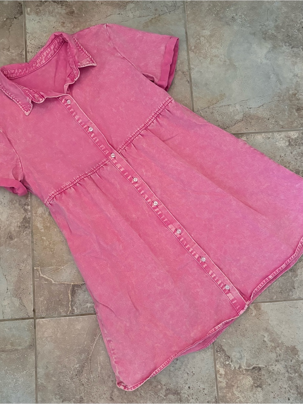Button Up Pink Denim Tiered Dress Medium Babydoll Collared Distressed Barbie 90s